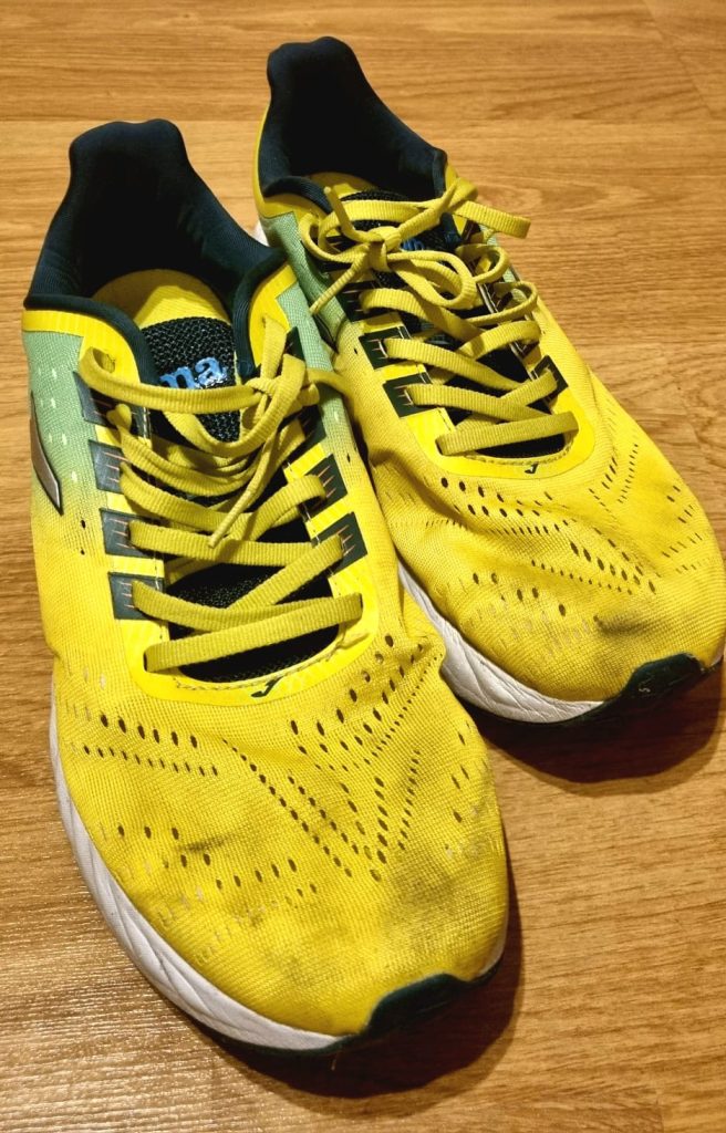Joma R3000 running shoes after 120km of use, showing minimal wear and tear.