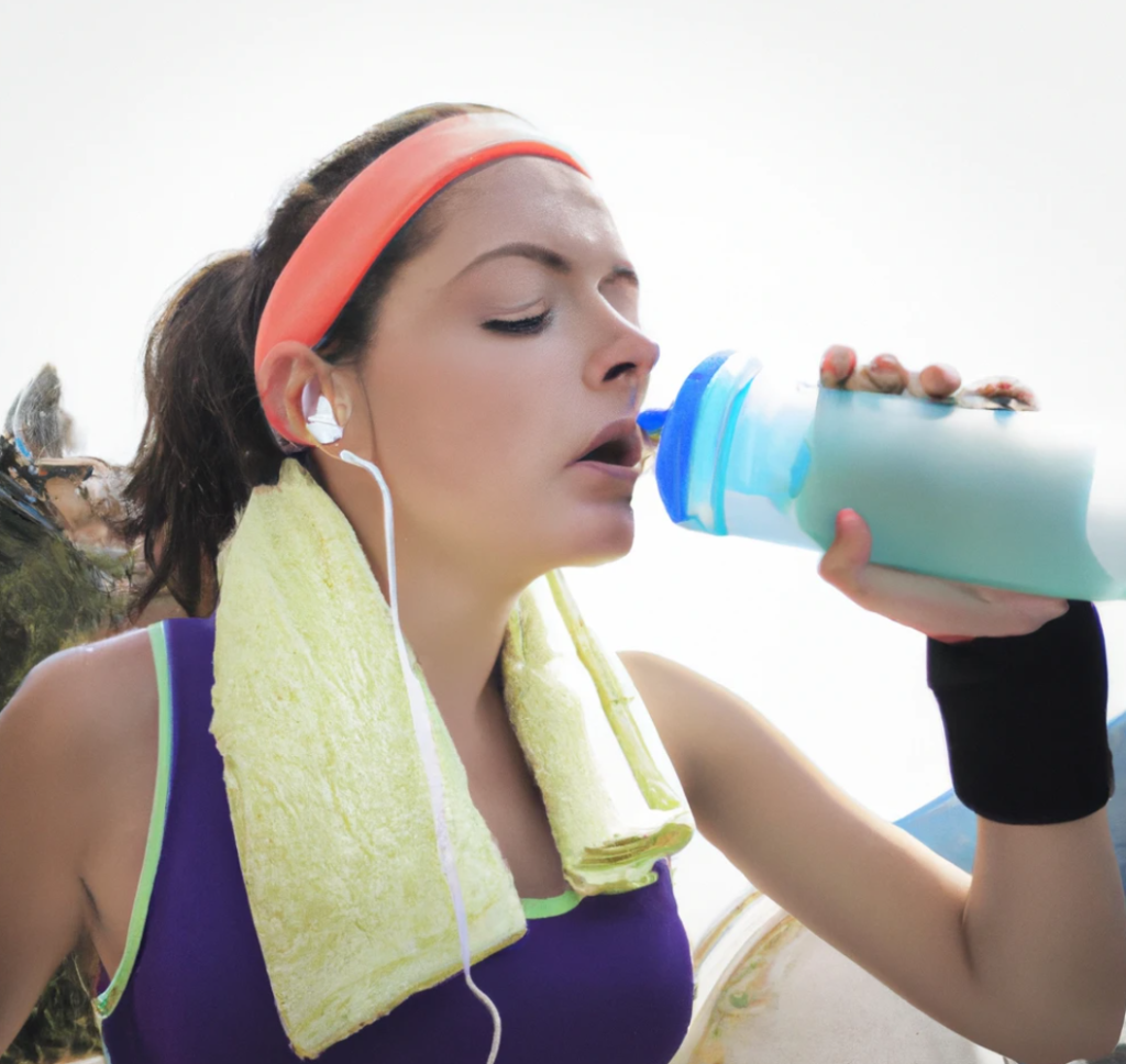 A female runner hydrating and replenishing after a cool down workout, taking a moment to recover and refresh.