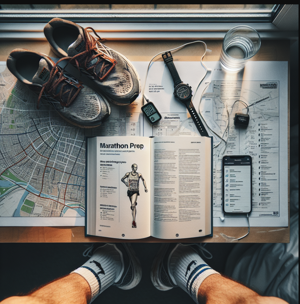 Beside the book, a well-used pair of running shoes sits, laces undone. On the other side, a glass of water and a digital stopwatch rest. Laid out in the background is a simple map of a marathon route. The sun is about to rise outside the window, signifying the upcoming early morning runs