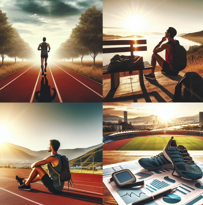 an image of running shoes, a heart rate monitor, and a training plan laid out on a table, representing the physical aspects of running training. 