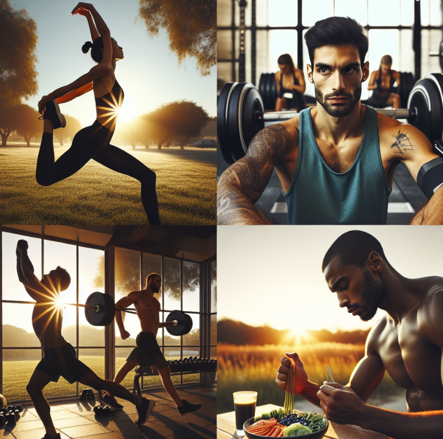 a series of images representing a runner engaged in a cross-training routine for injury prevention. The first image showcases a Caucasian female runner warming up by stretching her limbs on a sunny morning. The second image depicts a South Asian male runner performing strength training exercises with weights in a well-equipped gym. The third image centers on a Black female runner cooling down after a run in a peaceful park, performing yoga poses against the backdrop of a setting sun. The final image captures a Middle Eastern male runner having a balanced nutritional meal indicative of his disciplined regime. No text is added to the images.