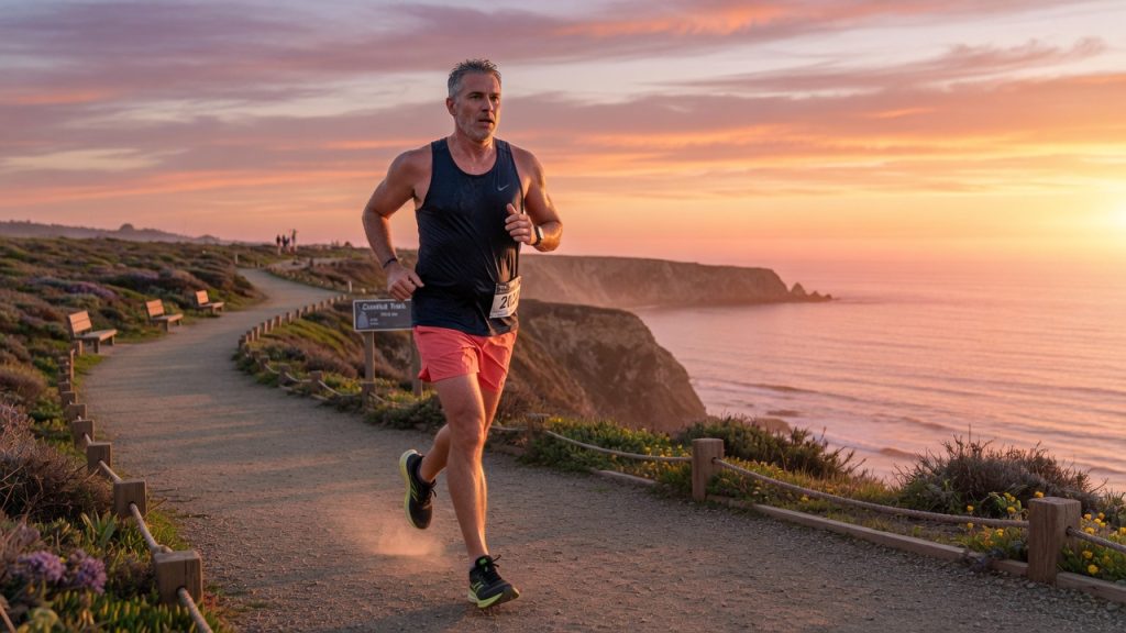 Middle-aged man running on a coastal trail at sunrise