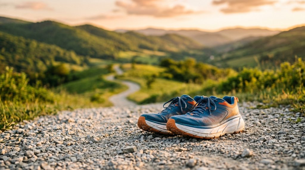 pair of thick-cushion running shoes on a sunny trail