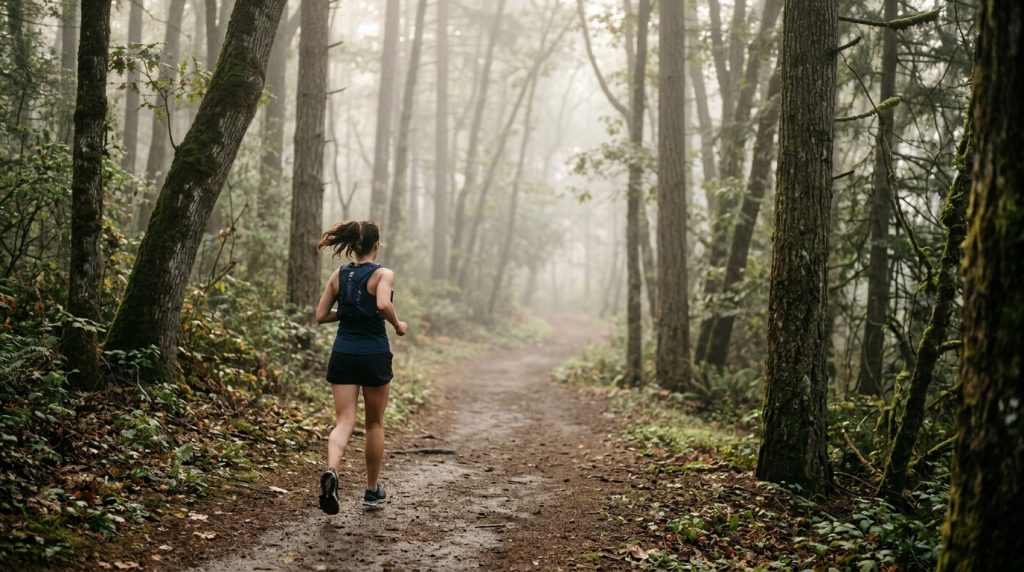 lone runner on a quiet forest trail