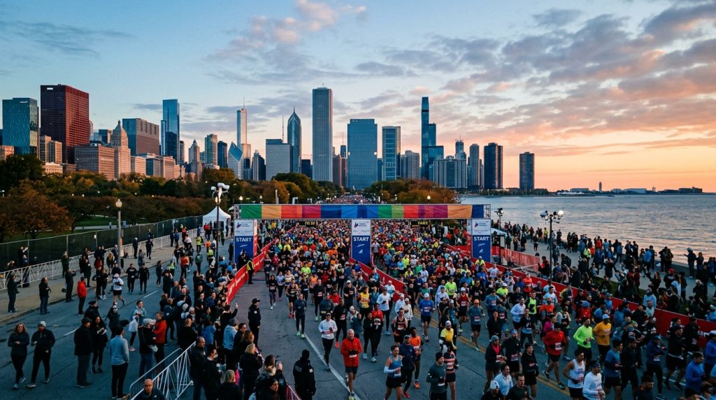chicago skyline at sunrise over the lake